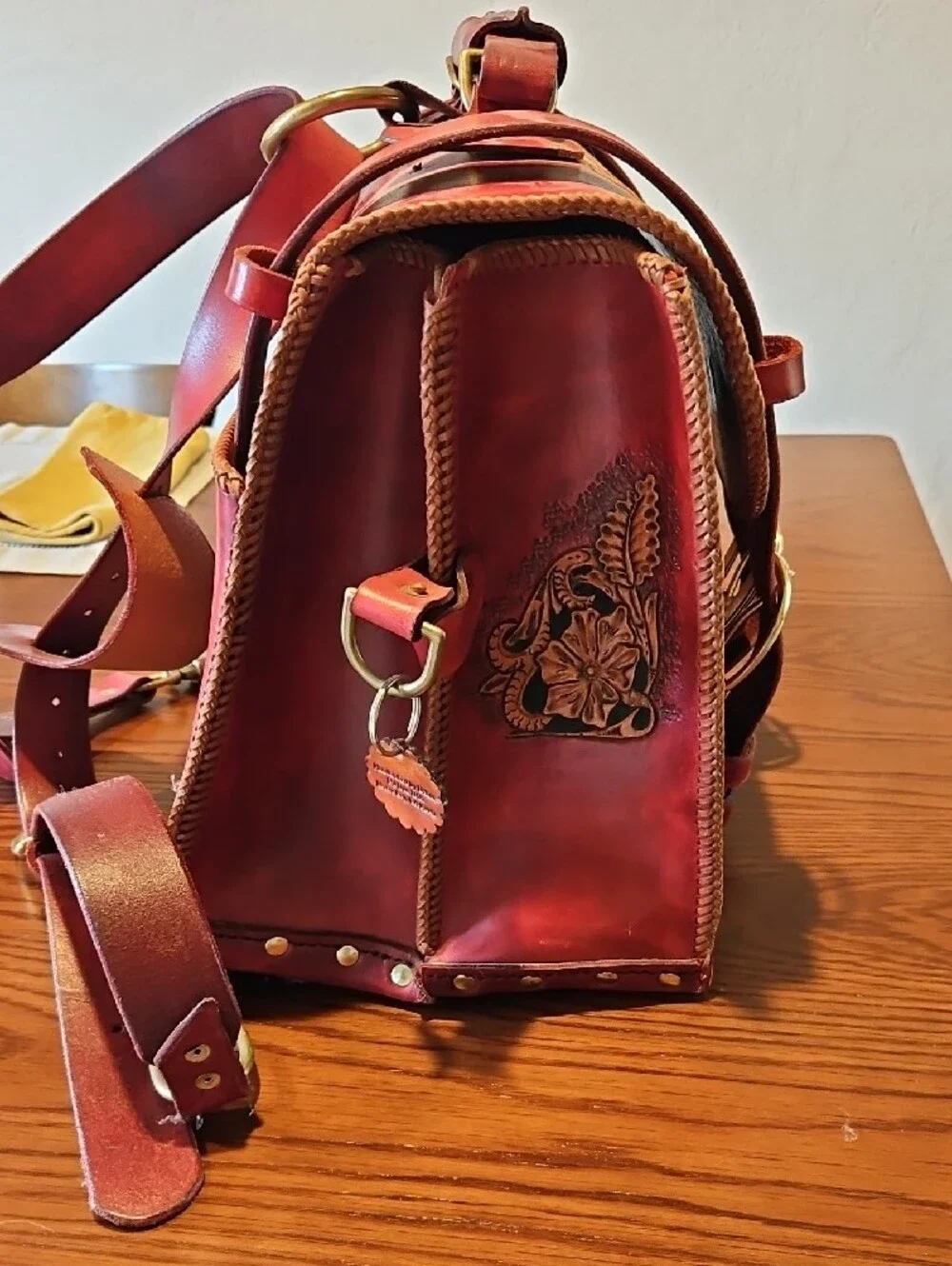 Handcrafted Red Leather Floral Tooled Satchel